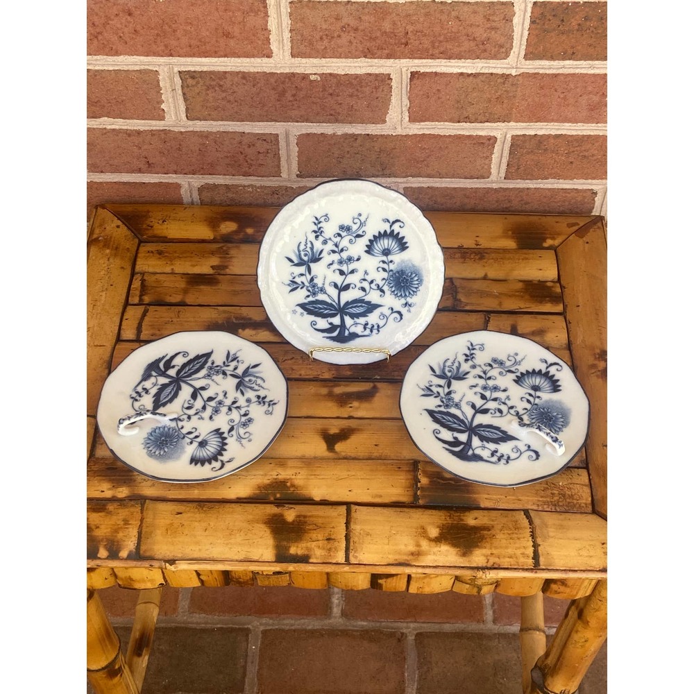 Set of 3 Blue Onion Plates Dishes ARNART Nappy Handle Dish